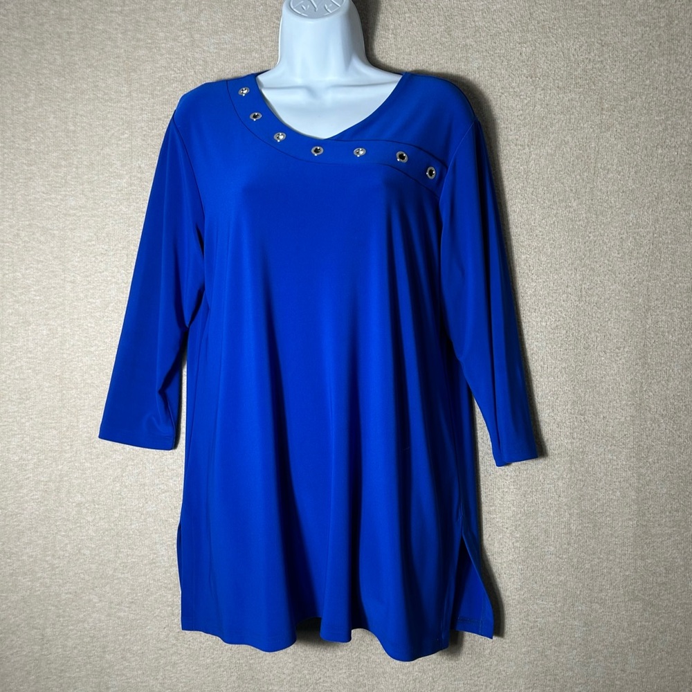 Sympli Tunic Womens Size 10 Blue Silver Grommets Stretch 3/4 Sleeves Jersey Top